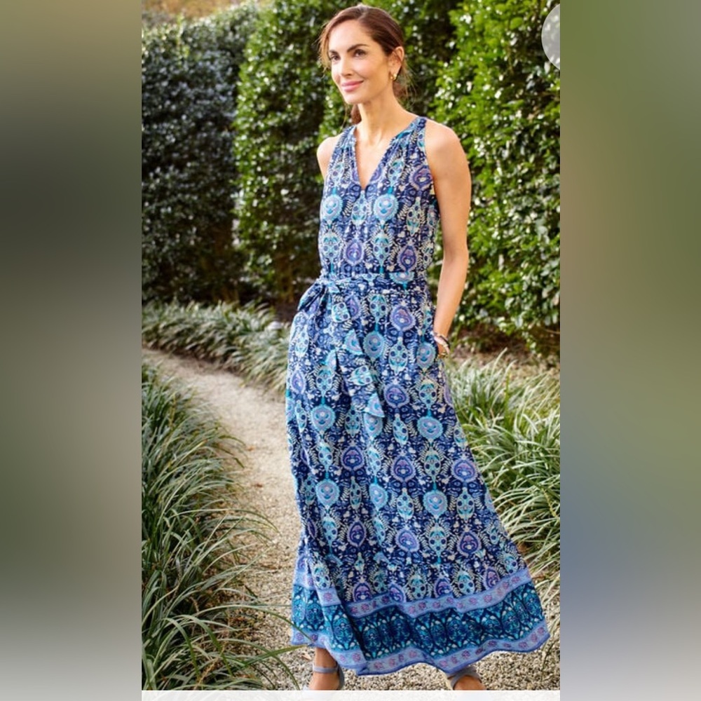Talbots Blue and Purple floret medallion print Maxi Dress size 10 spring cotton
